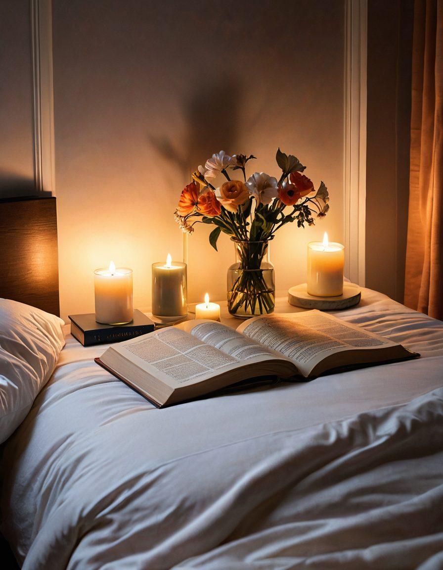 A serene and inviting bedroom scene with soft, ambient lighting casting gentle shadows. In the foreground, an open self-help book on sensuality rests on a bedside table, surrounded by fresh flowers and scented candles. Ethereal silhouettes of a couple embracing can be seen in the background, symbolizing connection and intimacy. The color palette should feature warm, soft hues to evoke a sense of comfort and wellness. modern art style. vibrant colors.
